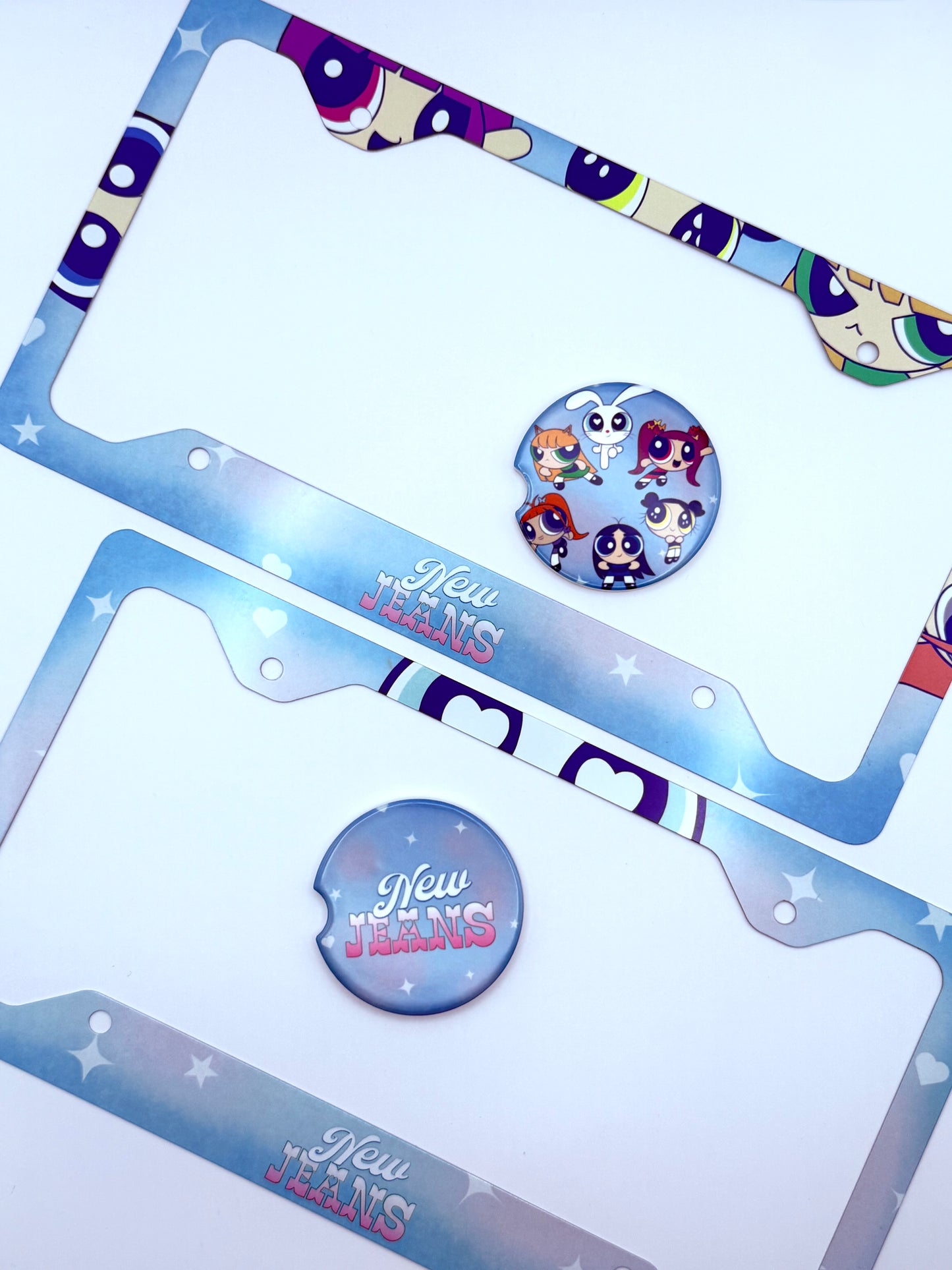 NewJeans x Powerpuff Girls Get Up Themed License Plate Frame & Car Coaster Bundle