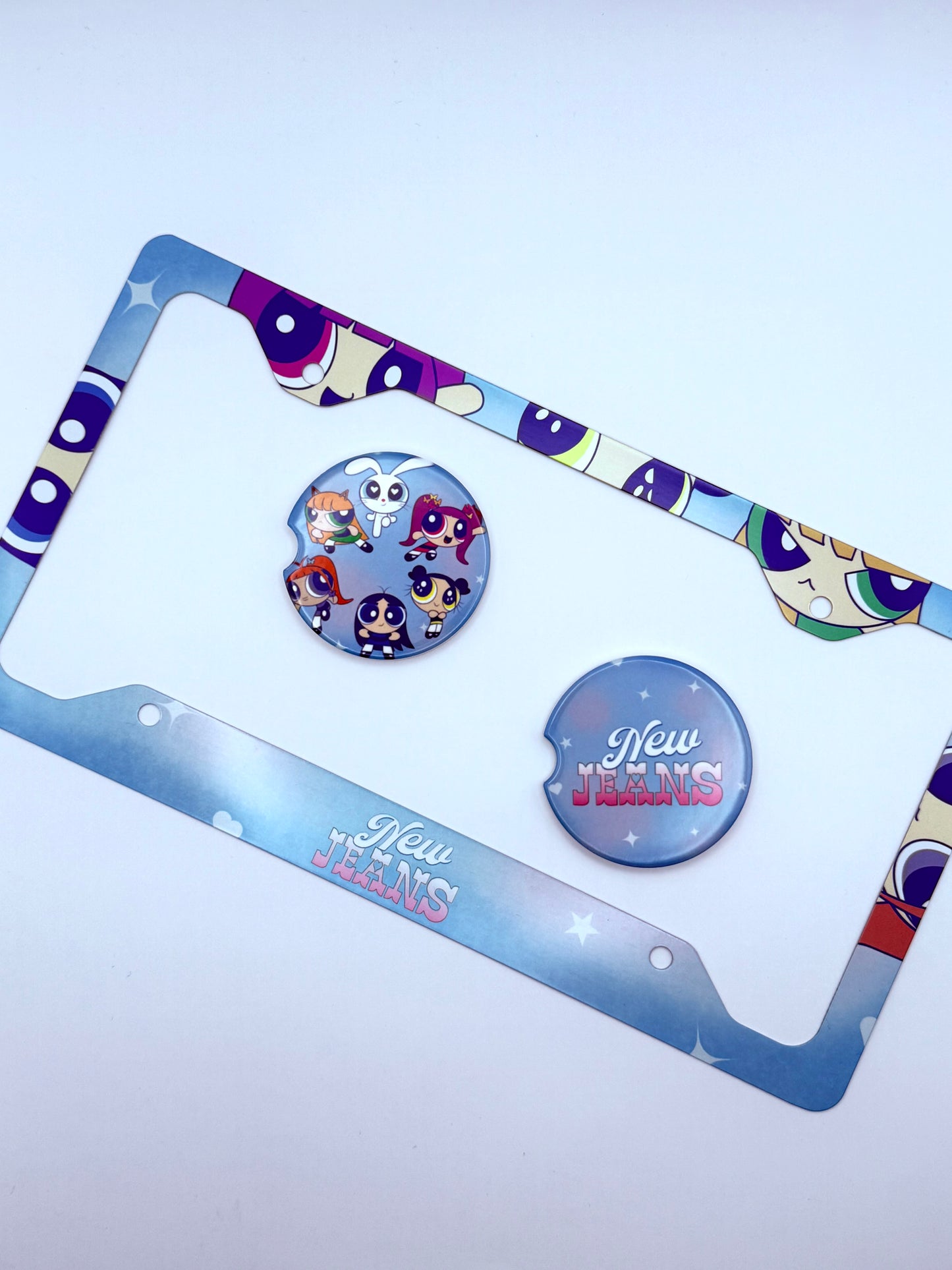 NewJeans x Powerpuff Girls Get Up Themed License Plate Frame & Car Coaster Bundle