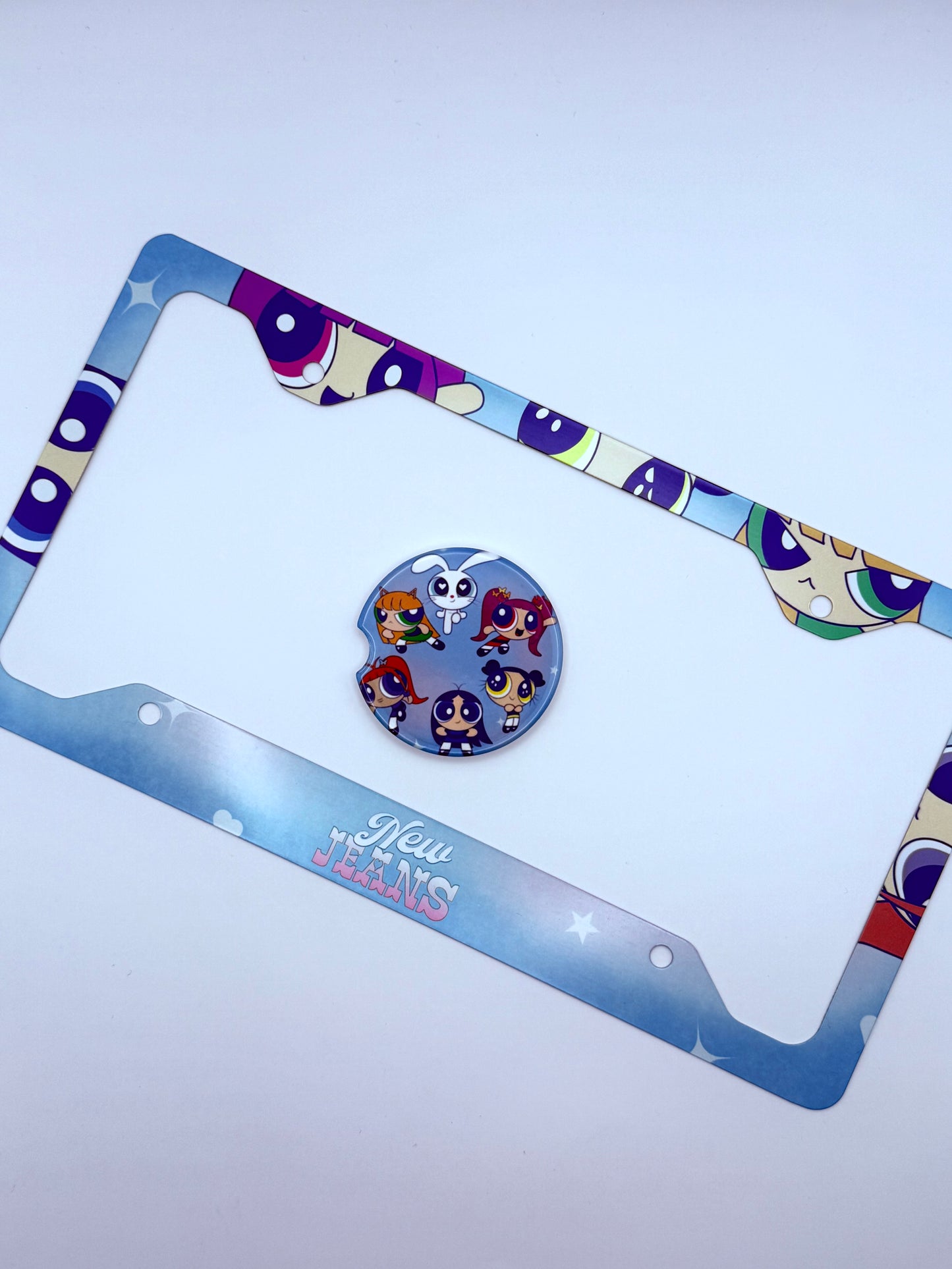 NewJeans x Powerpuff Girls Get Up Themed License Plate Frame & Car Coaster Bundle