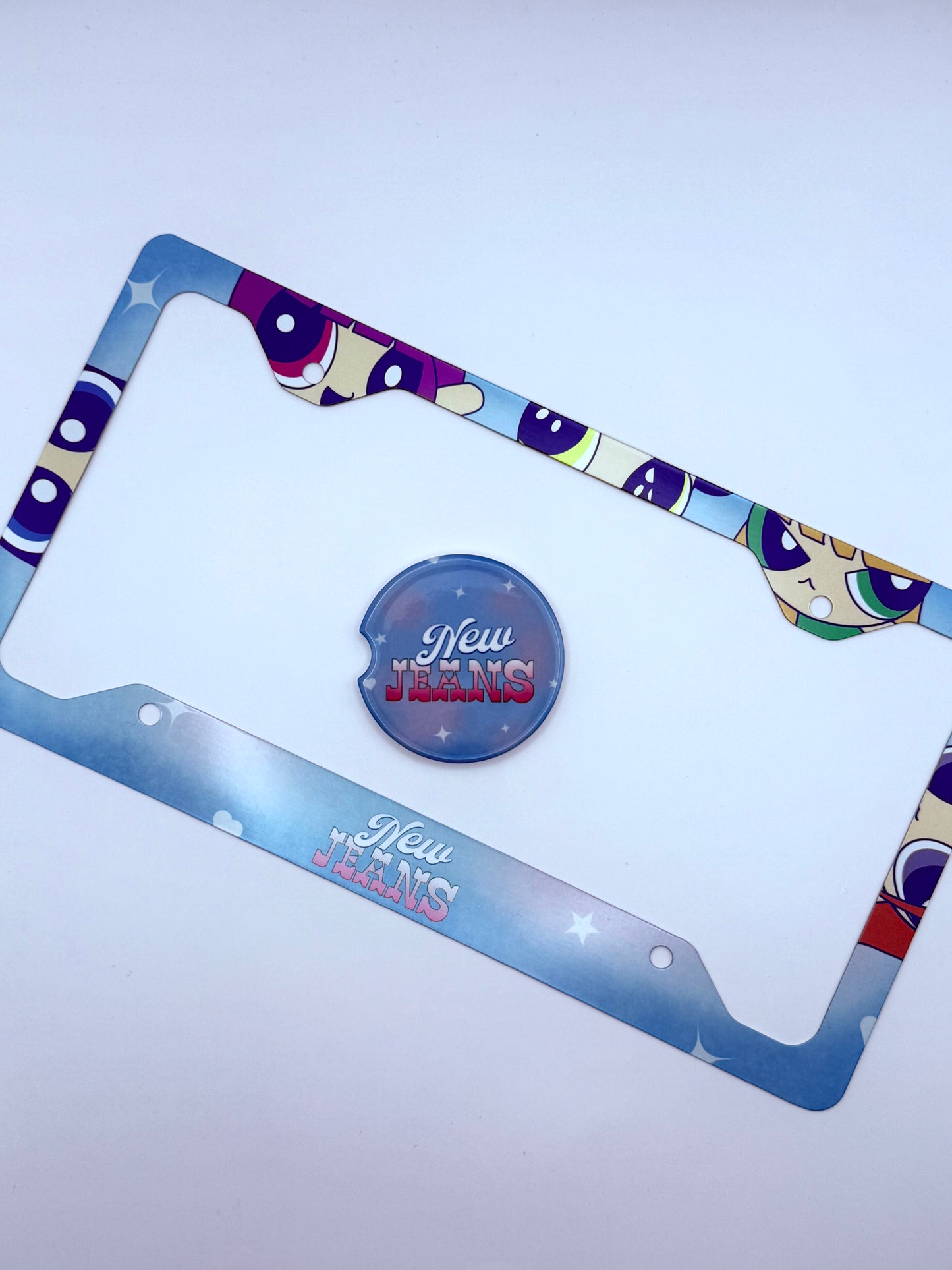 NewJeans x Powerpuff Girls Get Up Themed License Plate Frame & Car Coaster Bundle