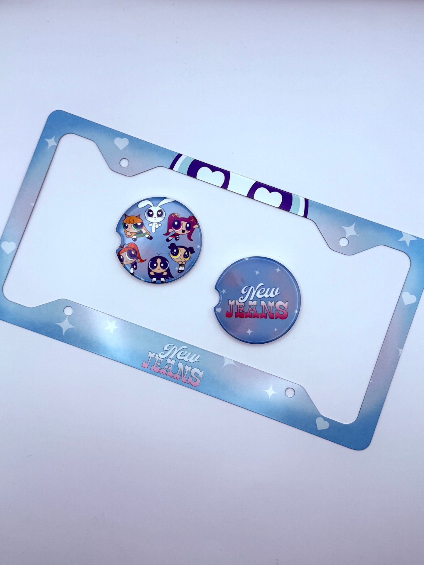 NewJeans x Powerpuff Girls Get Up Themed License Plate Frame & Car Coaster Bundle