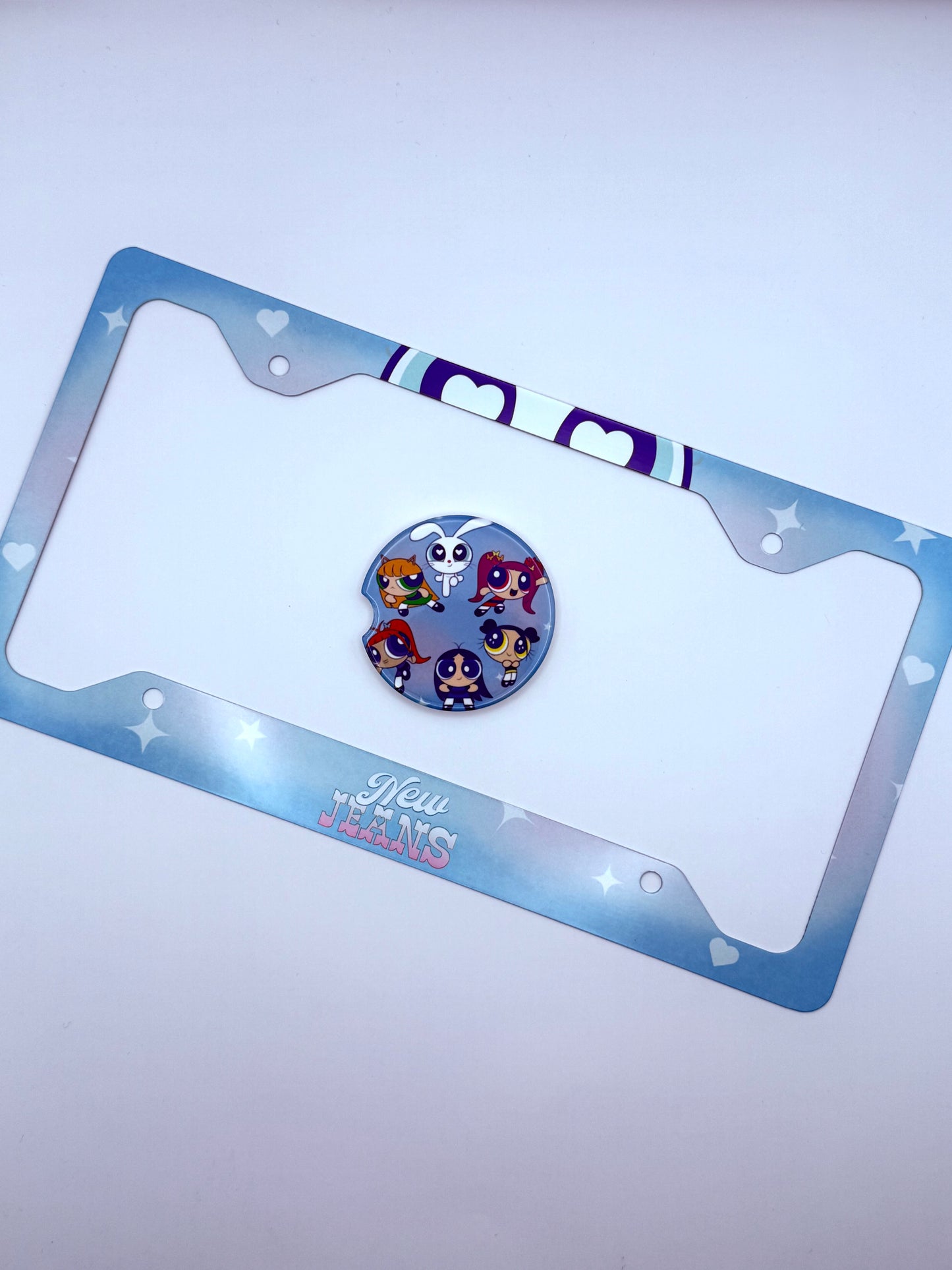 NewJeans x Powerpuff Girls Get Up Themed License Plate Frame & Car Coaster Bundle