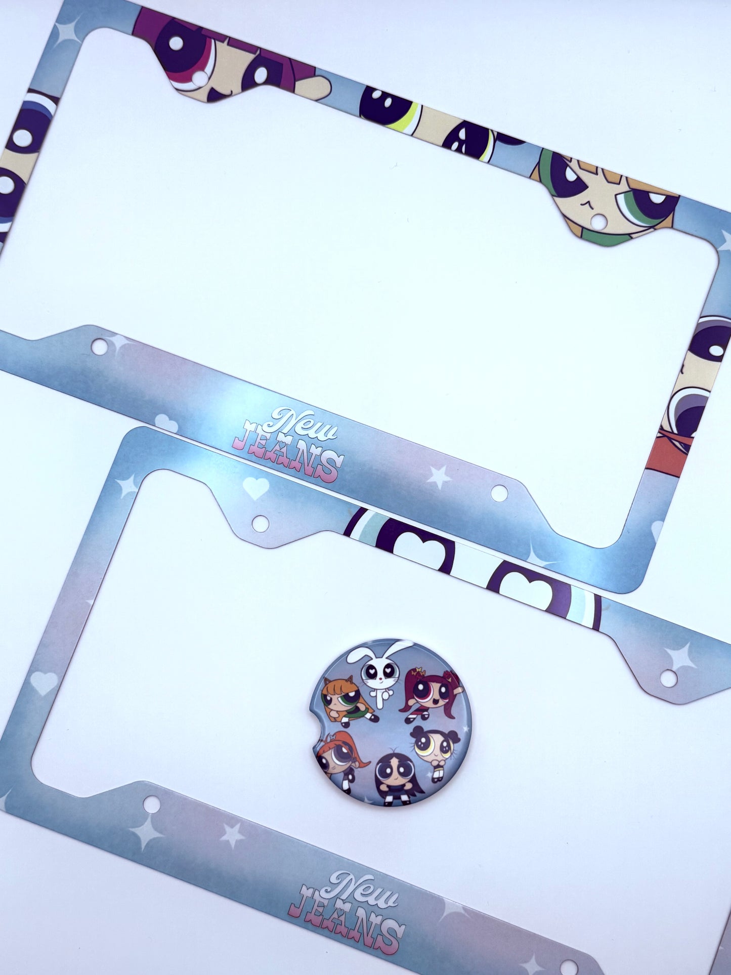 NewJeans x Powerpuff Girls Get Up Themed License Plate Frame & Car Coaster Bundle