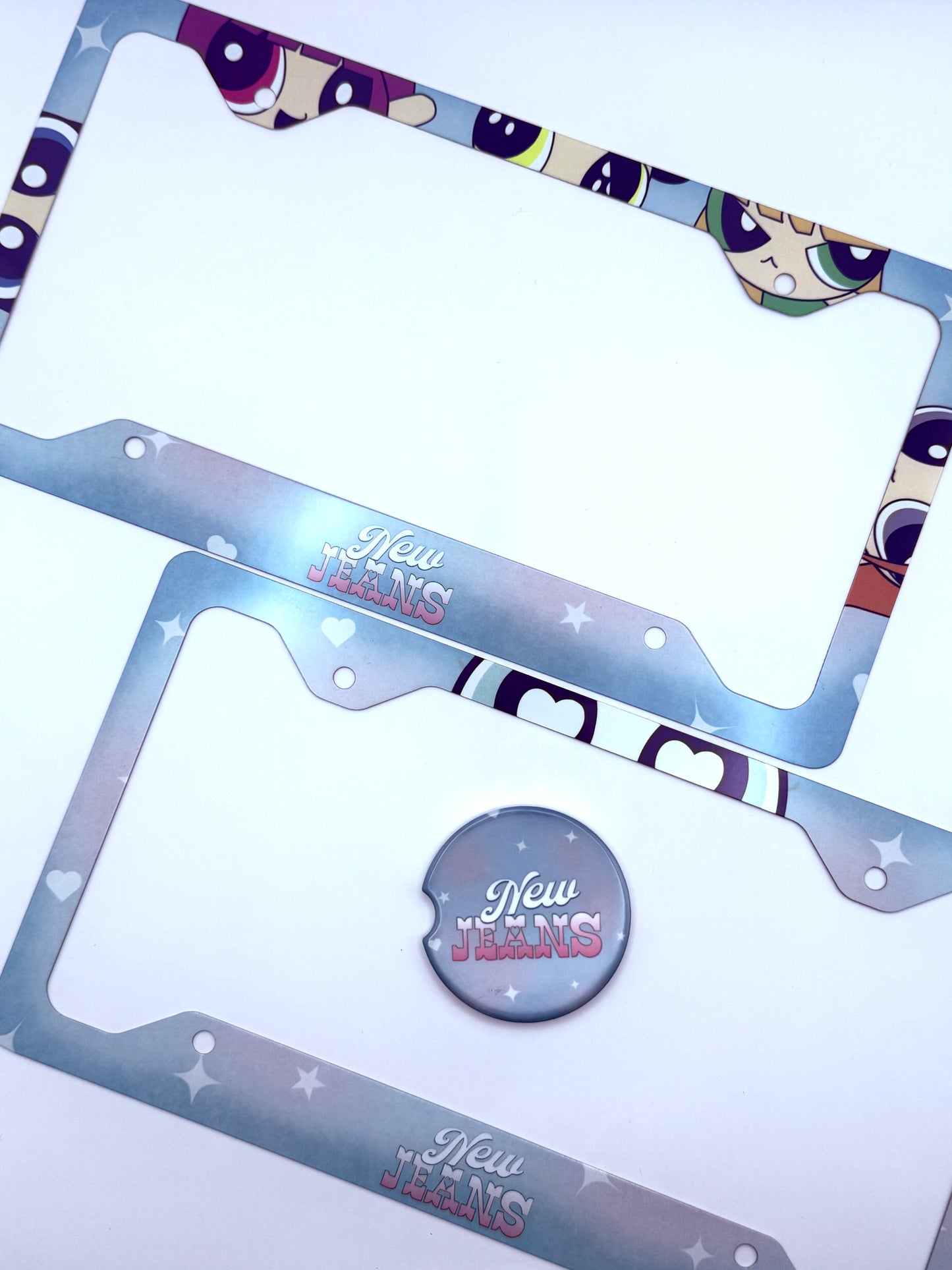 NewJeans x Powerpuff Girls Get Up Themed License Plate Frame & Car Coaster Bundle