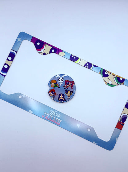 NewJeans x Powerpuff Girls Get Up Themed License Plate Frame & Car Coaster Bundle