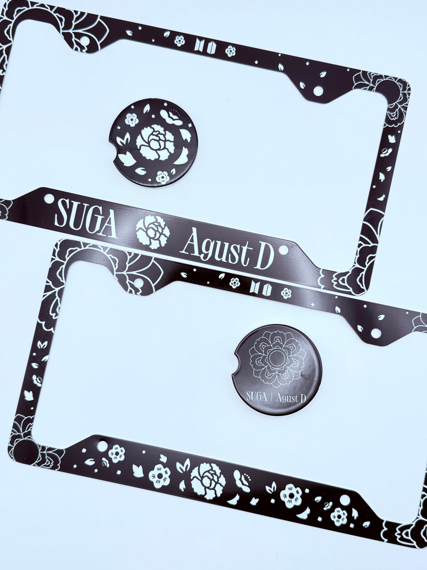 BTS SUGA/AGUST D Lotus Flower Inspired License Plate Frame & Car Coaster Bundle