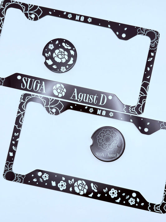 BTS SUGA/AGUST D Lotus Flower Inspired License Plate Frame & Car Coaster Bundle