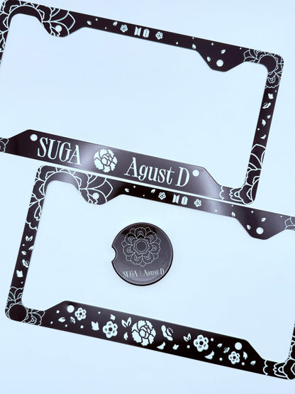 BTS SUGA/AGUST D Lotus Flower Inspired License Plate Frame & Car Coaster Bundle