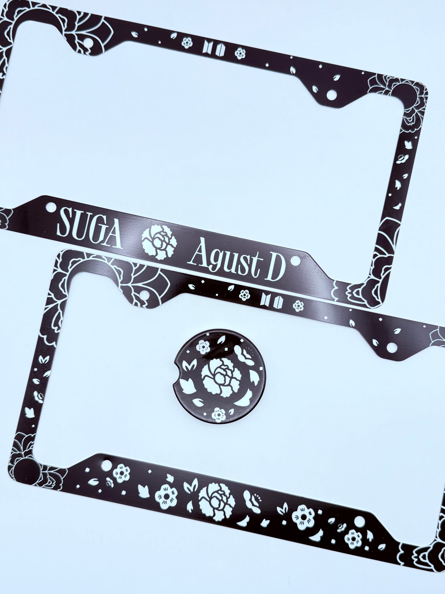 BTS SUGA/AGUST D Lotus Flower Inspired License Plate Frame & Car Coaster Bundle