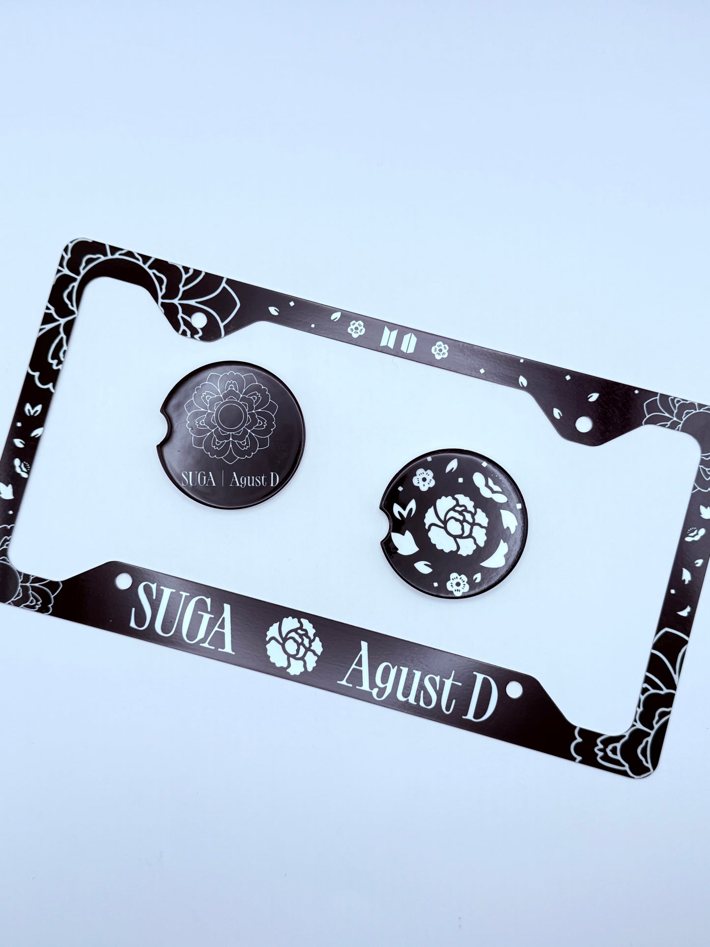 BTS SUGA/AGUST D Lotus Flower Inspired License Plate Frame & Car Coaster Bundle