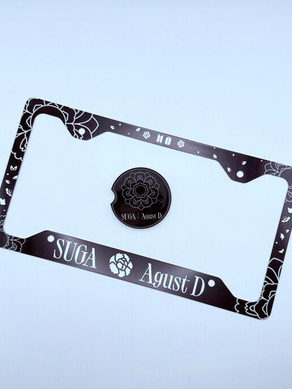 BTS SUGA/AGUST D Lotus Flower Inspired License Plate Frame & Car Coaster Bundle