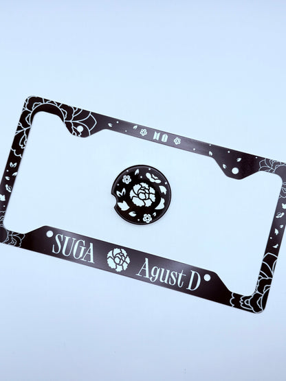 BTS SUGA/AGUST D Lotus Flower Inspired License Plate Frame & Car Coaster Bundle