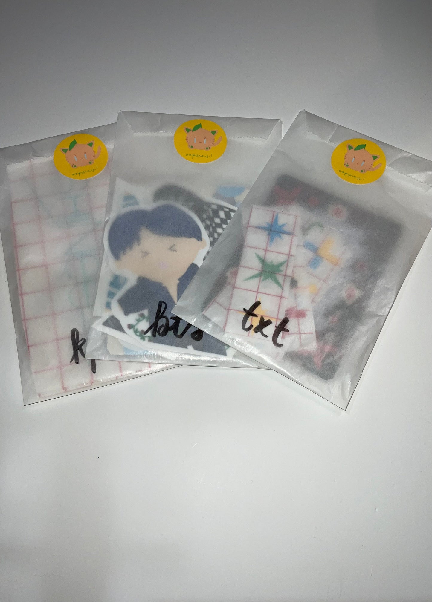 K-POP, BTS, & TXT Oopsie Grab Bag | Stickers | Decals | Buttons | Decorated Toploaders | Photocards